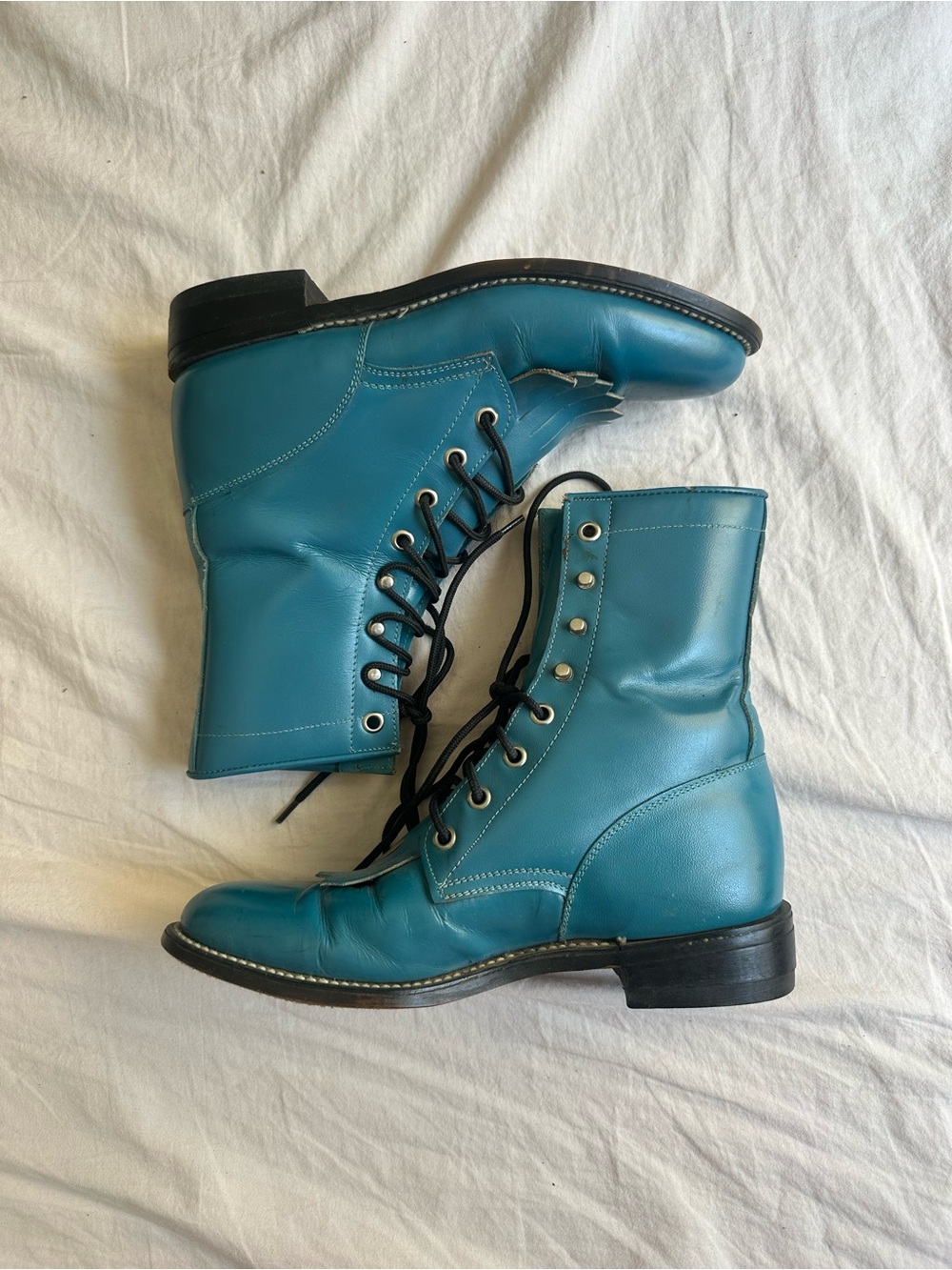 Teal Lace-Up Leather Ankle Boots - Women's